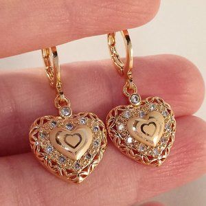 18K Yellow Gold Filled Laser Carved Heart Diamond Zircon Dangle Earrings Women's